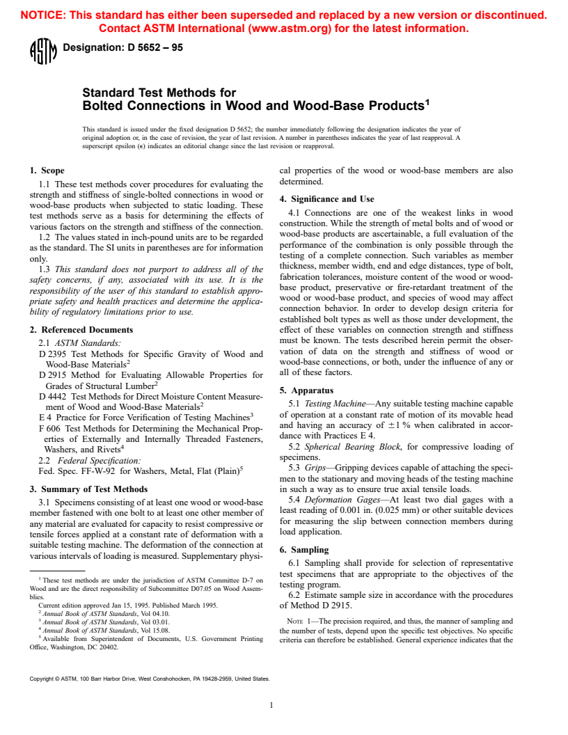 ASTM D5652-95 - Standard Test Methods for Bolted Connections in Wood and Wood-Base Products