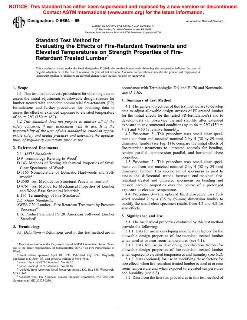 ASTM D5664-99 - Standard Test Method for Evaluating the Effects of Fire-Retardant Treatments and Elevated Temperatures on Strength Properties of Fire-Retardant Treated Lumber