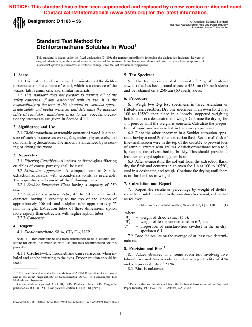 ASTM D1108-96 - Standard Test Method for Dichloromethane Solubles in Wood