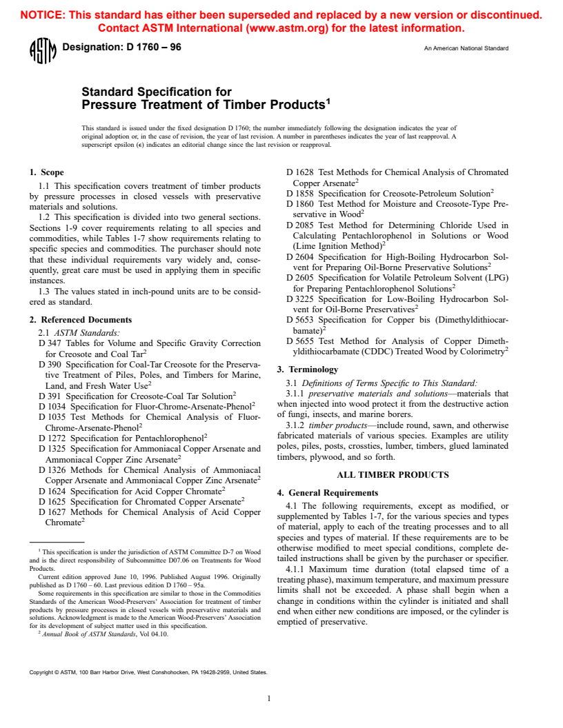 ASTM D1760-96 - Standard Specification for Pressure Treatment of Timber Products