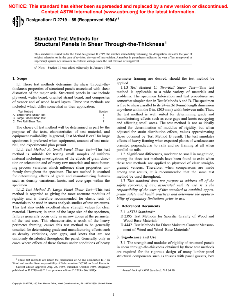 ASTM D2719-89(1994)e1 - Standard Test Methods for Structural Panels in Shear Through-the-Thickness