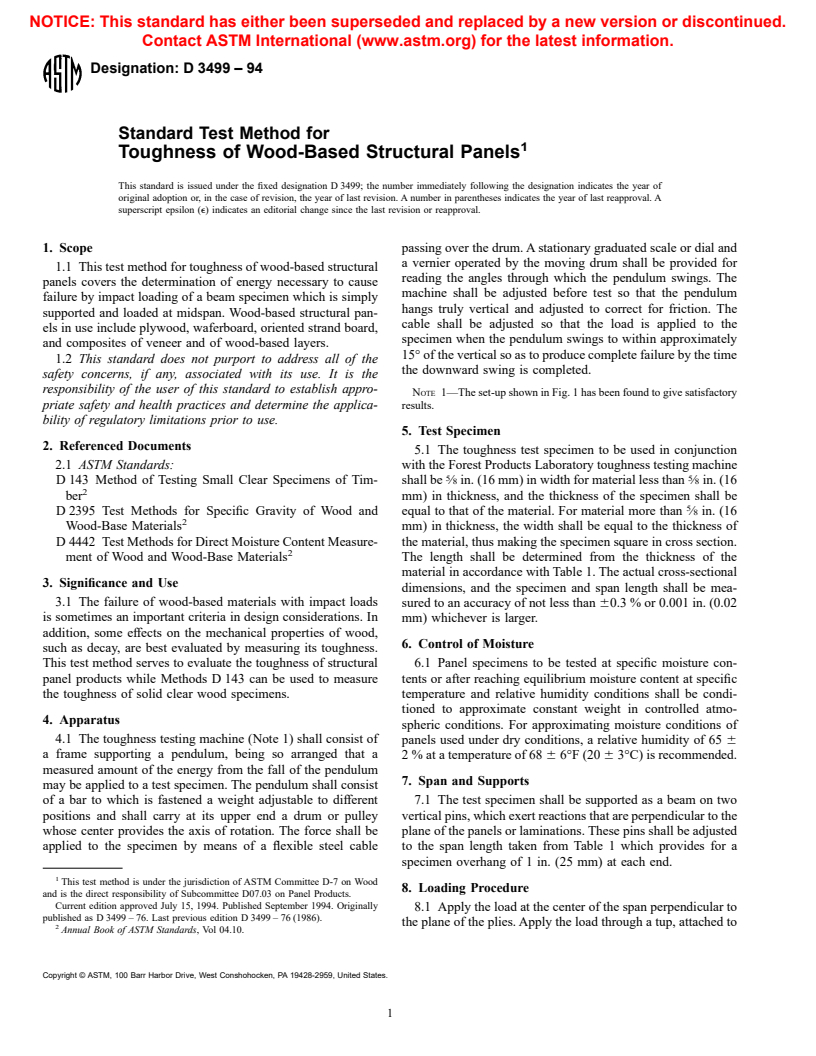 ASTM D3499-94 - Standard Test Method for Toughness of Wood-Based Structural Panels