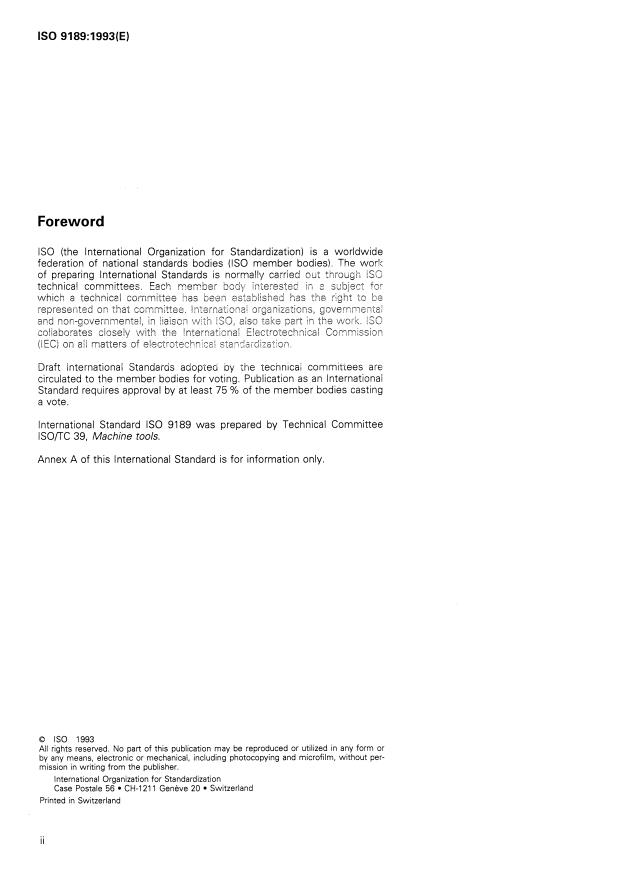 ISO 9189:1993 ISO 9189:1993 - Machine tools -- Straight-sided high-speed mechanical power presses from 250 kN up to and including 4 000 kN nominal force -- Characteristics and dimensions - Page 2 preview
