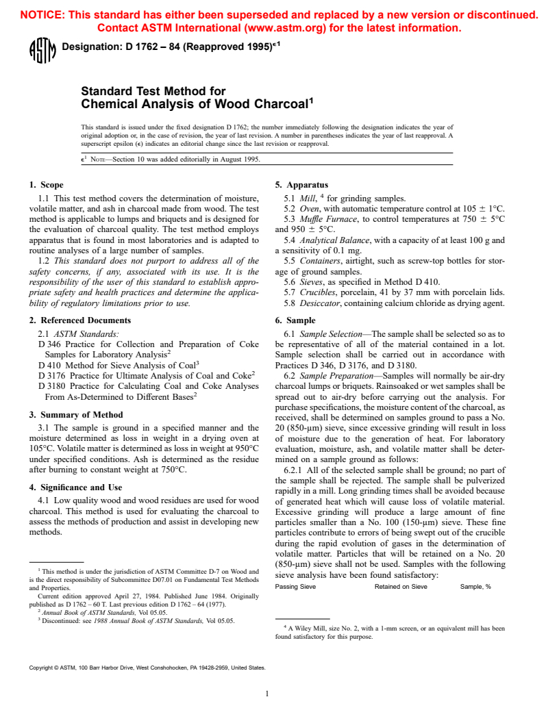 ASTM D1762-84(1995)E1 - Standard Test Method for Chemical Analysis of Wood Charcoal