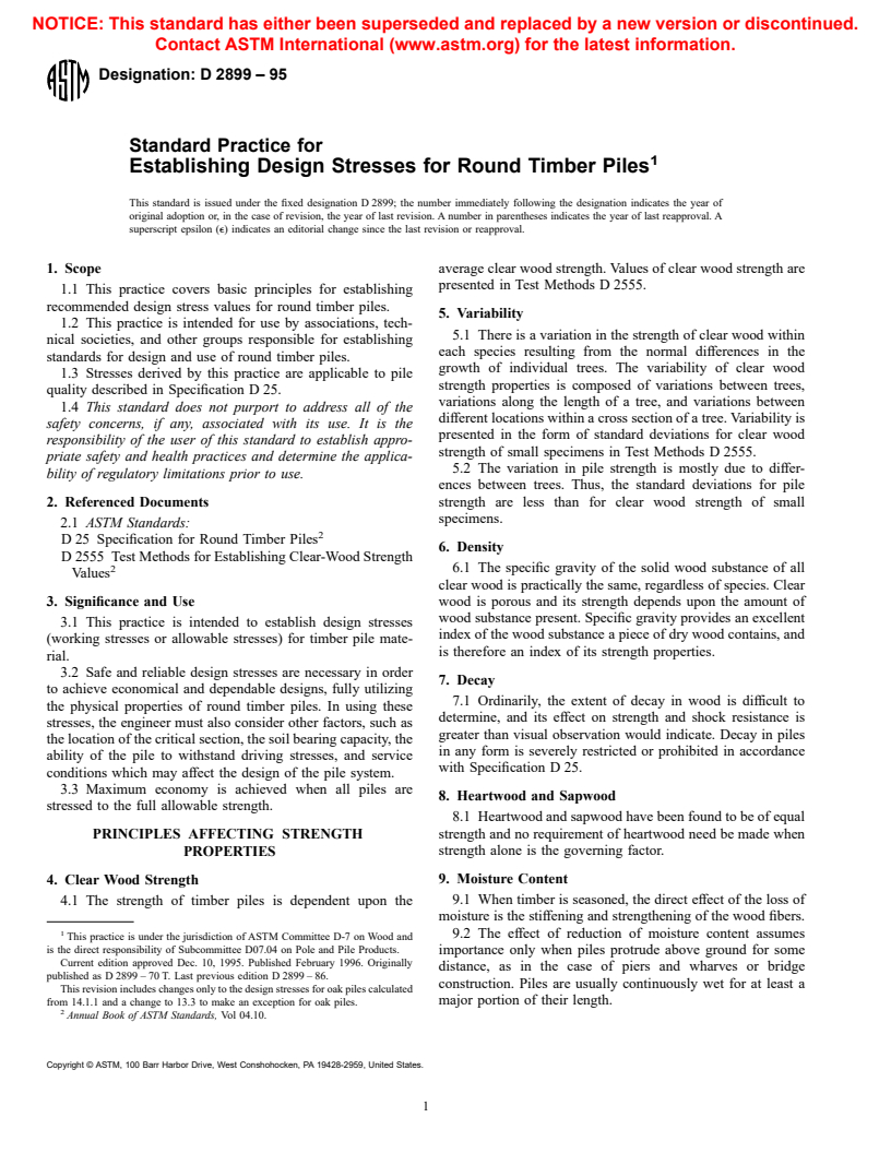 ASTM D2899-95 - Standard Practice for Establishing Allowable  Stresses for Round Timber Piles