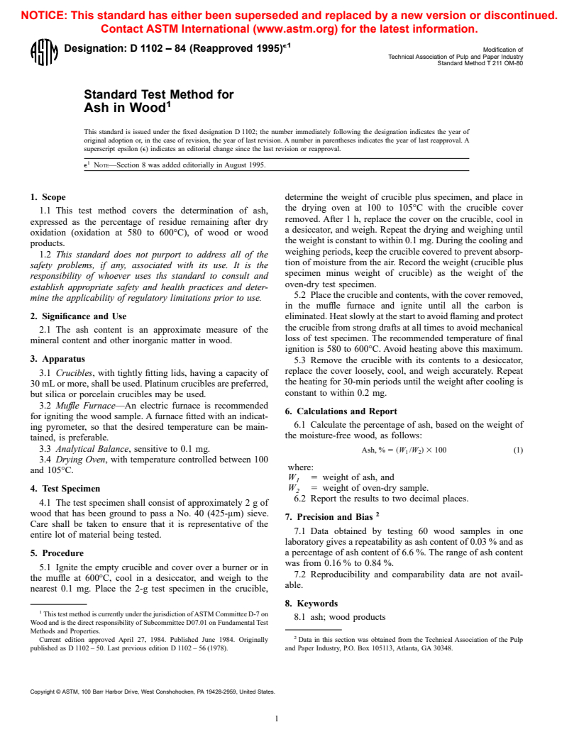 ASTM D1102-84(1995)e1 - Standard Test Method for Ash in Wood