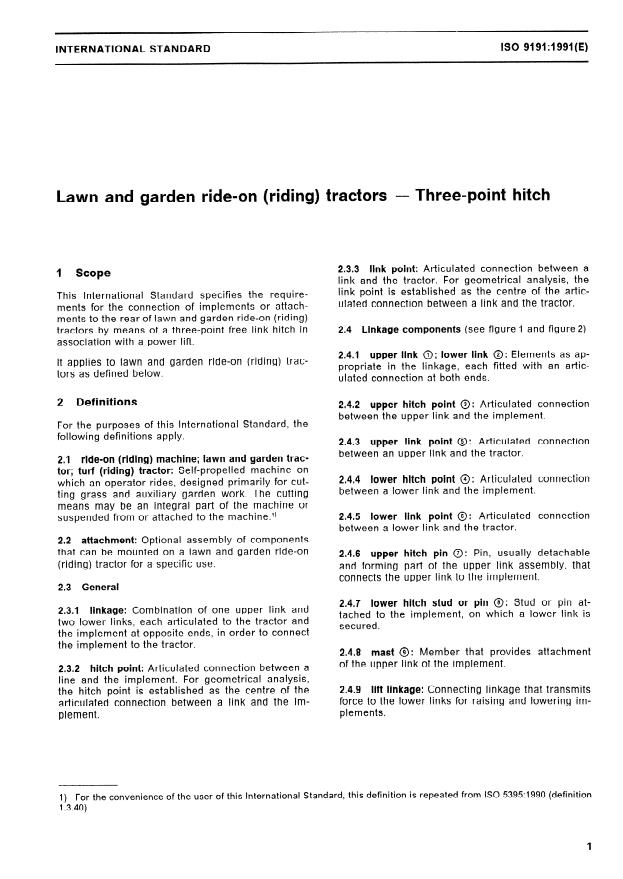 ISO 9191:1991 - Lawn and garden ride-on (riding) tractors -- Three-point hitch