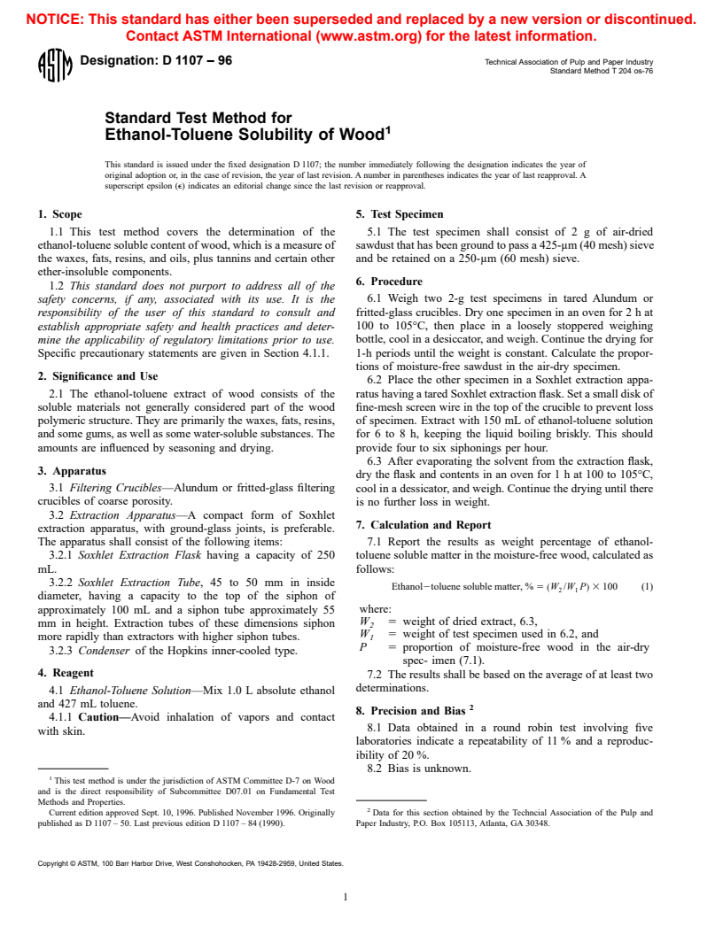 ASTM D1107-96 - Standard Test Method for Ethanol-Toluene Solubility of Wood