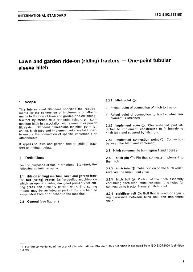 ISO 9192:1991 - Lawn and garden ride-on (riding) tractors -- One-point tubular sleeve hitch
