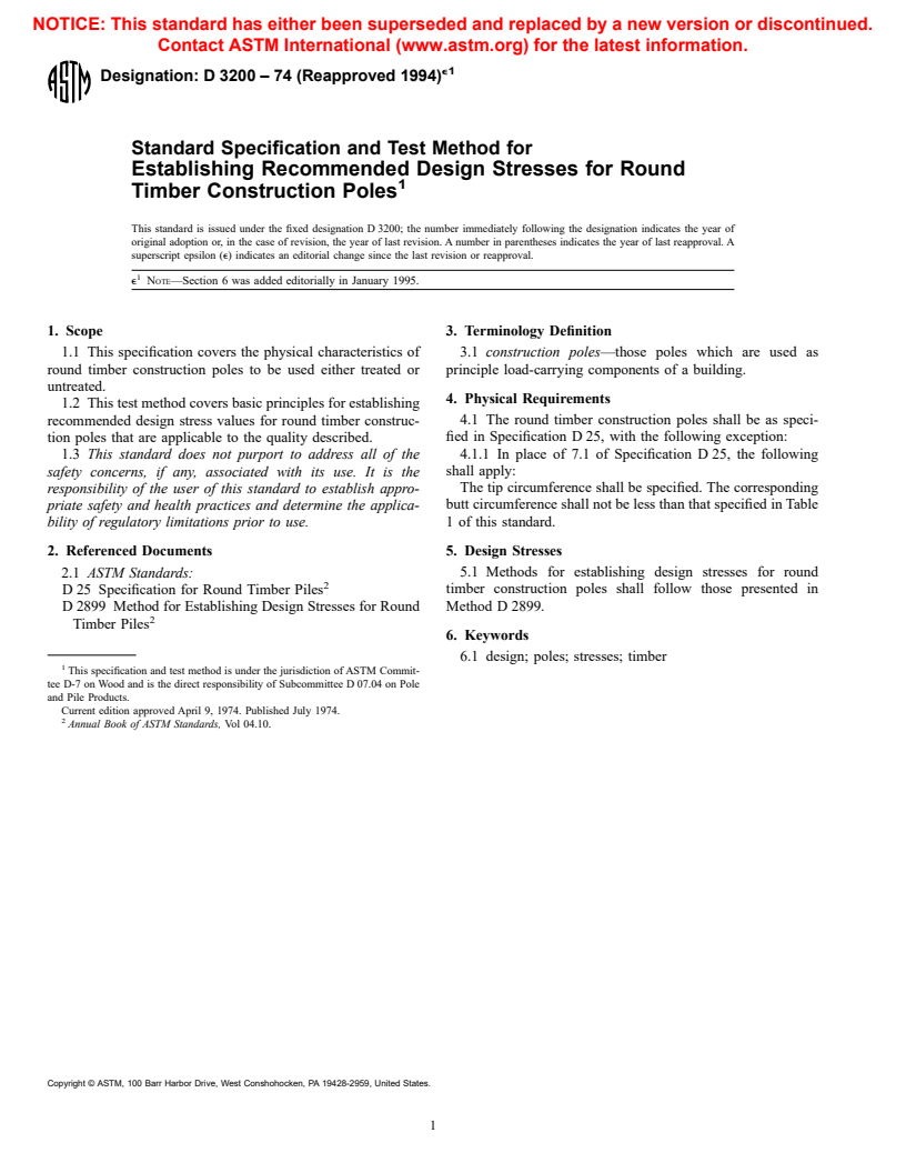 ASTM D3200-74(1994)e1 - Standard Specification and Test Method for Establishing Recommended Design Stresses for Round Timber Construction Poles