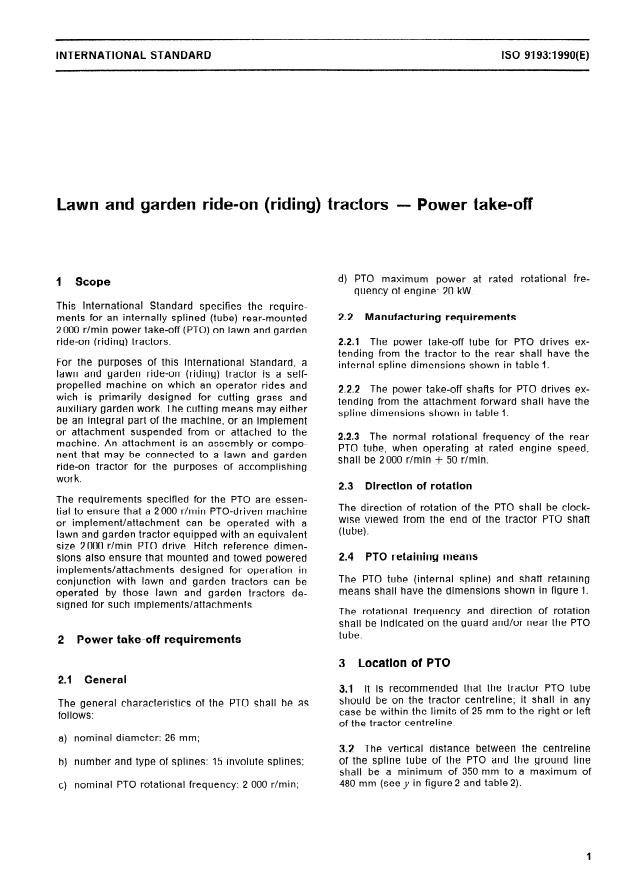 ISO 9193:1990 - Lawn and garden ride-on (riding) tractors -- Power take-off