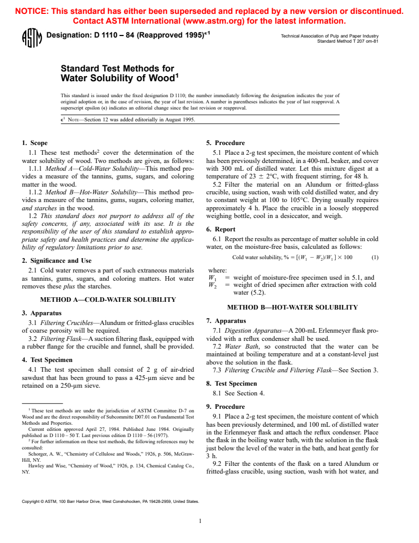 ASTM D1110-84(1995)e1 - Standard Test Methods for Water Solubility of Wood