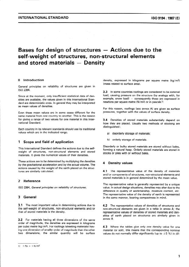 ISO 9194:1987 - Bases for design of structures -- Actions due to the self-weight of structures, non-structural elements and stored materials -- Density