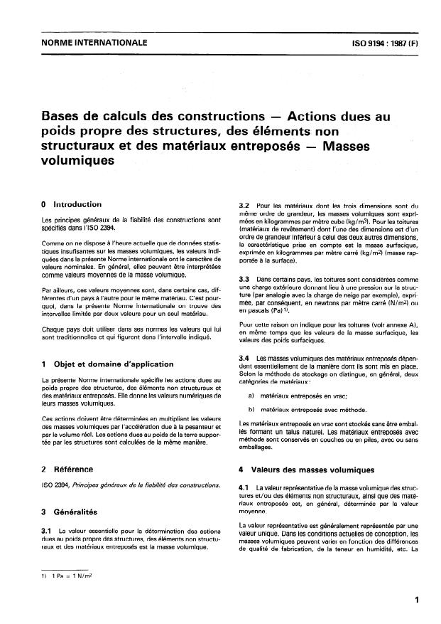 ISO 9194:1987 - Bases de calculs des constructions -- Actions dues au poids propre des structures, des éléments non structuraux et des matériaux entreposés -- Masses volumiques