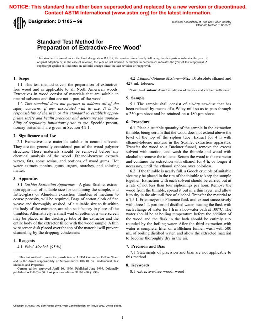 ASTM D1105-96 - Standard Test Method for Preparation of Extractive-Free Wood