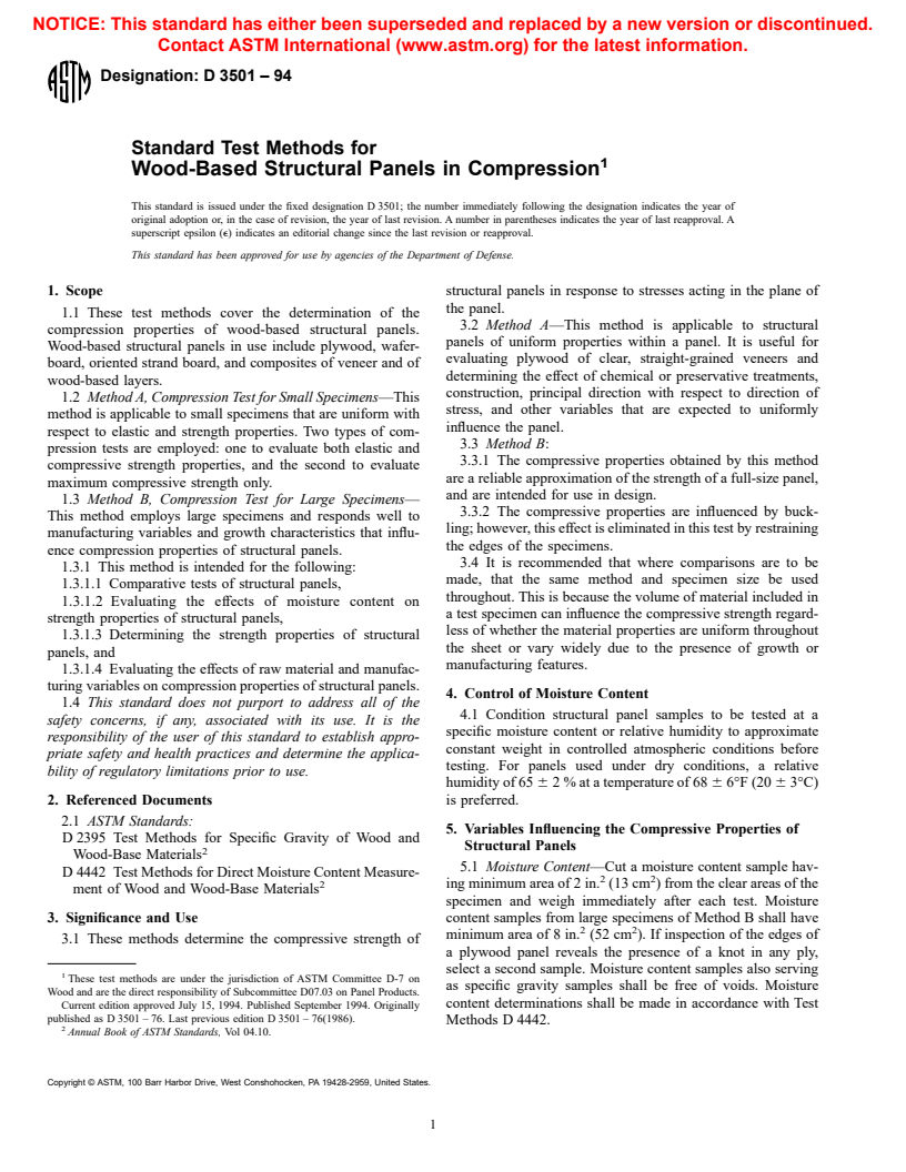 ASTM D3501-94 - Standard Test Methods for Wood-Based Structural Panels in Compression