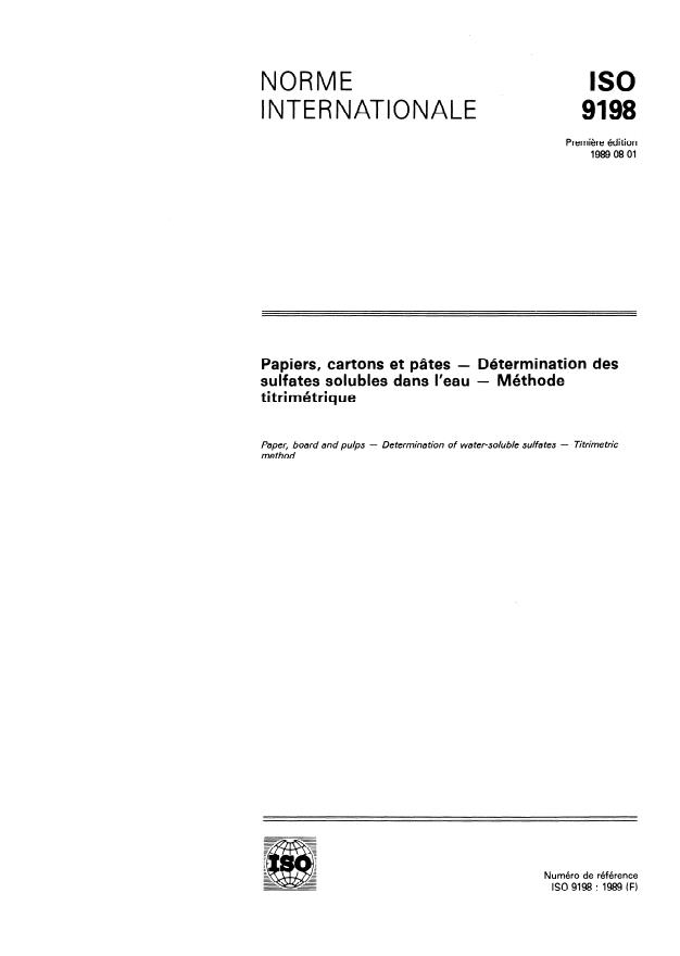 ISO 9198:1989 - Papiers, cartons et pâtes -- Détermination des sulfates solubles dans l'eau -- Méthode titrimétrique