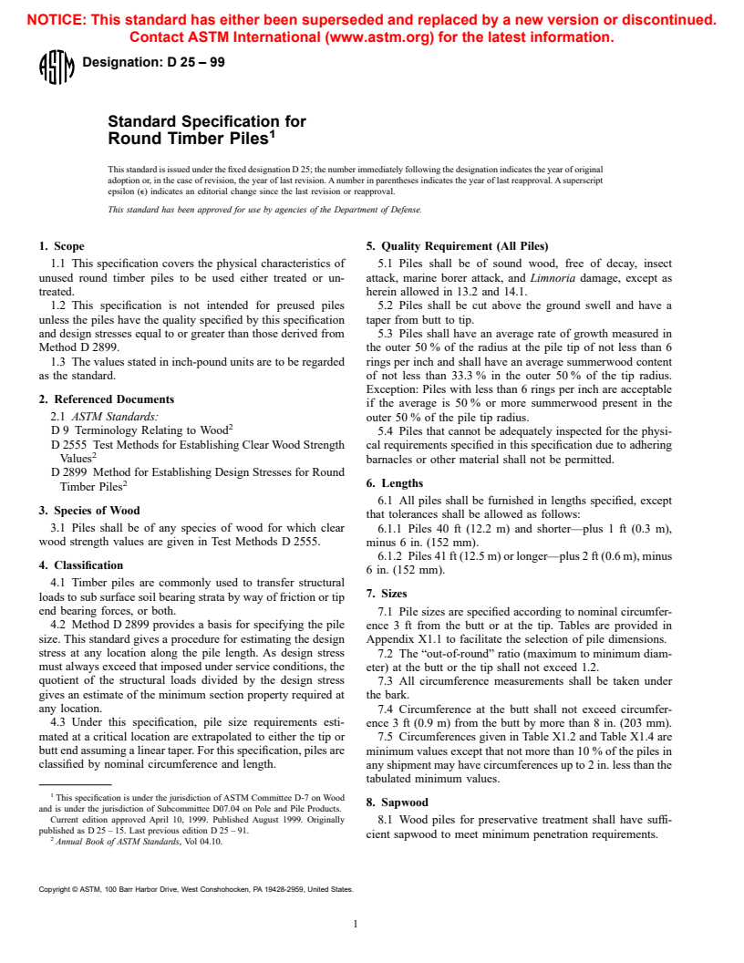 ASTM D25-99 - Standard Specification for Round Timber Piles