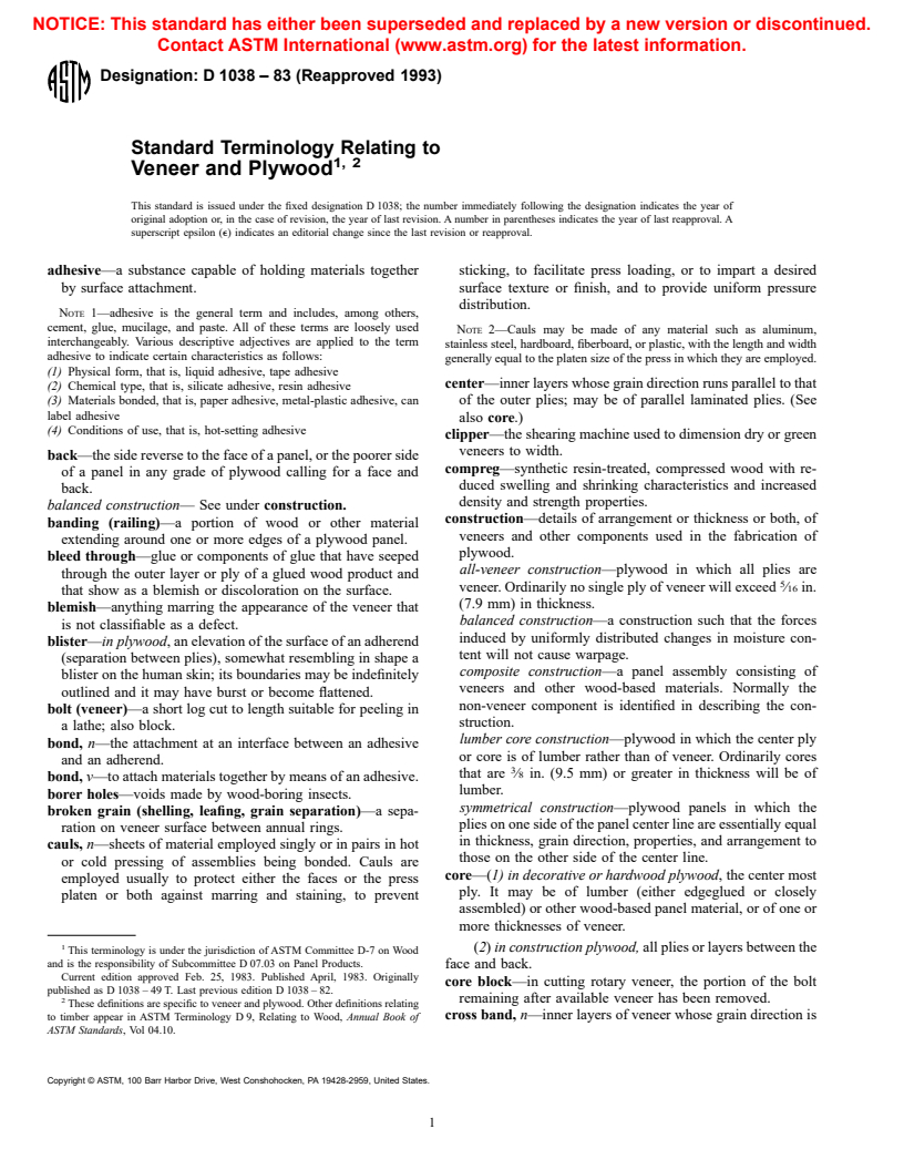 ASTM D1038-83(1993) - Standard Terminology Relating to Veneer and Plywood