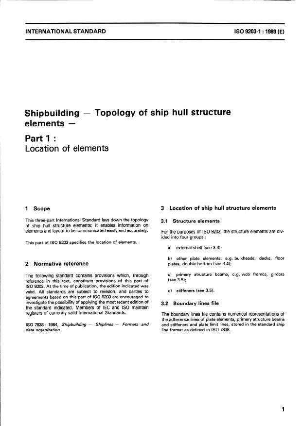ISO 9203-1:1989 - Shipbuilding -- Topology of ship hull structure elements