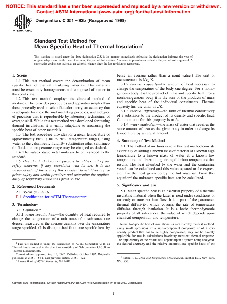 ASTM C351-92b(1999) - Standard Test Method for Mean Specific Heat of Thermal Insulation