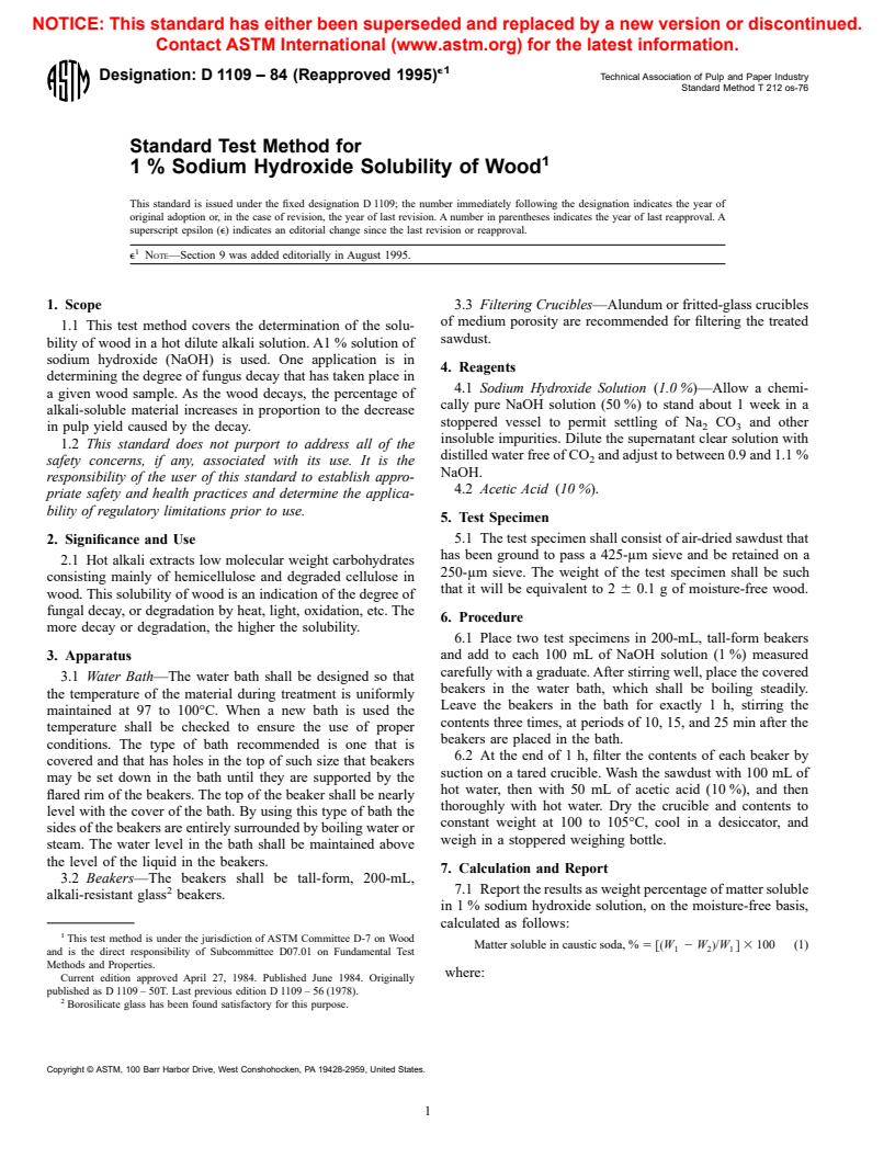 ASTM D1109-84(1995)e1 - Standard Test Method for 1% Sodium Hydroxide Solubility of Wood