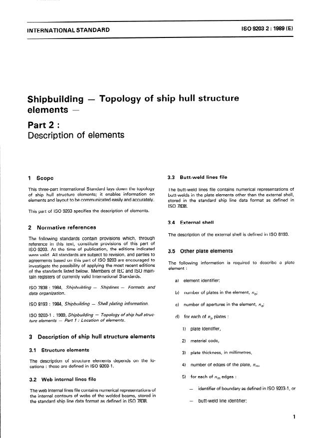 ISO 9203-2:1989 - Shipbuilding -- Topology of ship hull structure elements