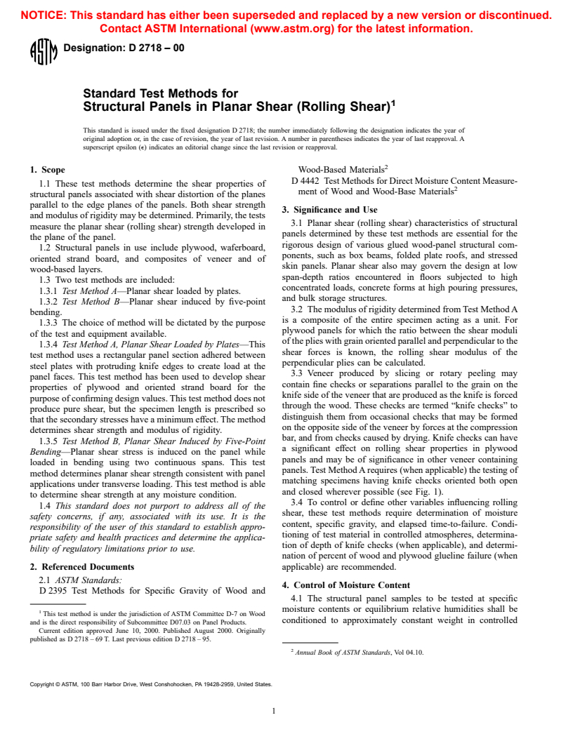 ASTM D2718-00 - Standard Test Methods for Structural Panels in Planar Shear (Rolling Shear)