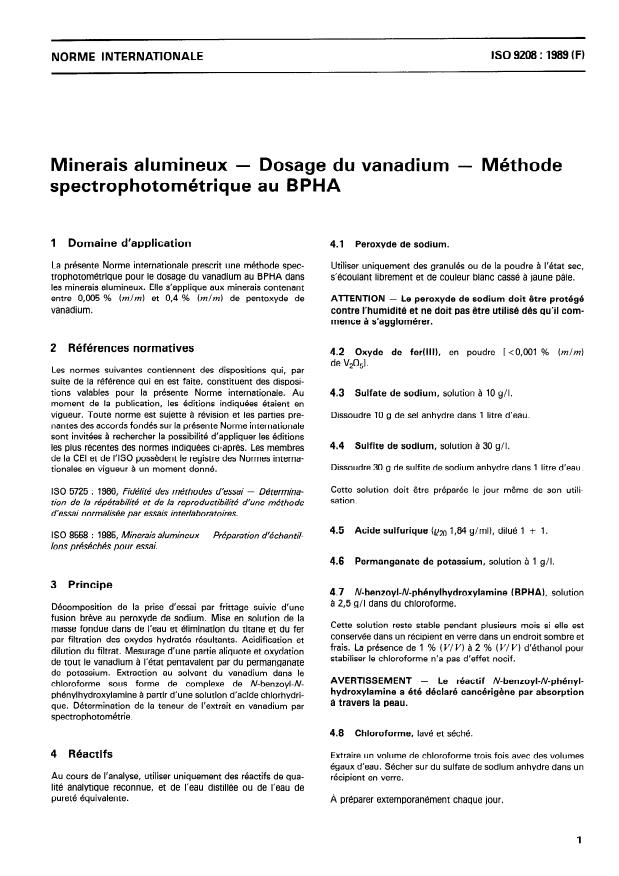 ISO 9208:1989 - Minerais alumineux -- Dosage du vanadium -- Méthode spectrophotométrique au BPHA