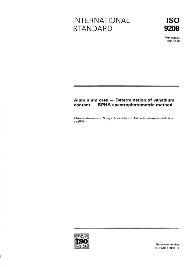 ISO 9208:1989 - Aluminium ores - Determination of vanadium content -- BPHA spectrophotometric method