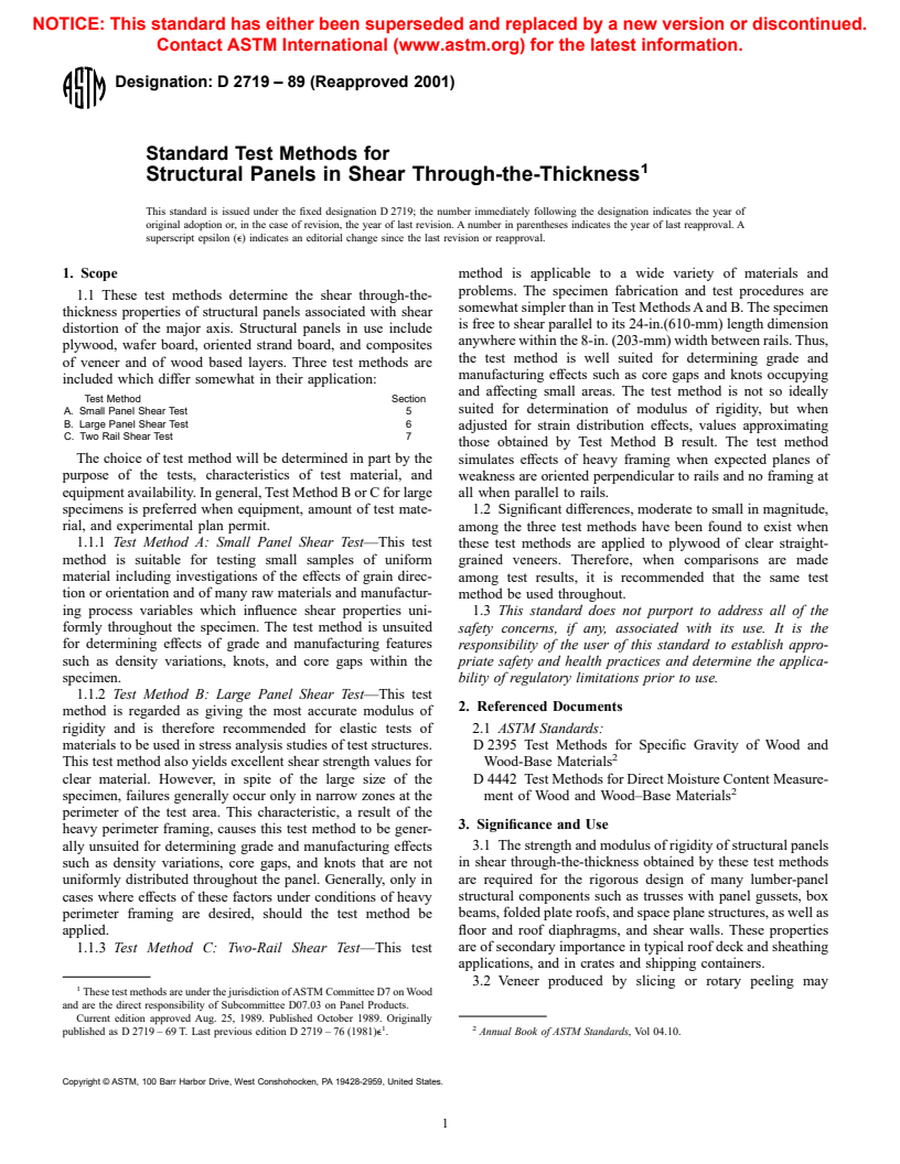 ASTM D2719-89(2001) - Standard Test Methods for Structural Panels in Shear Through-the-Thickness