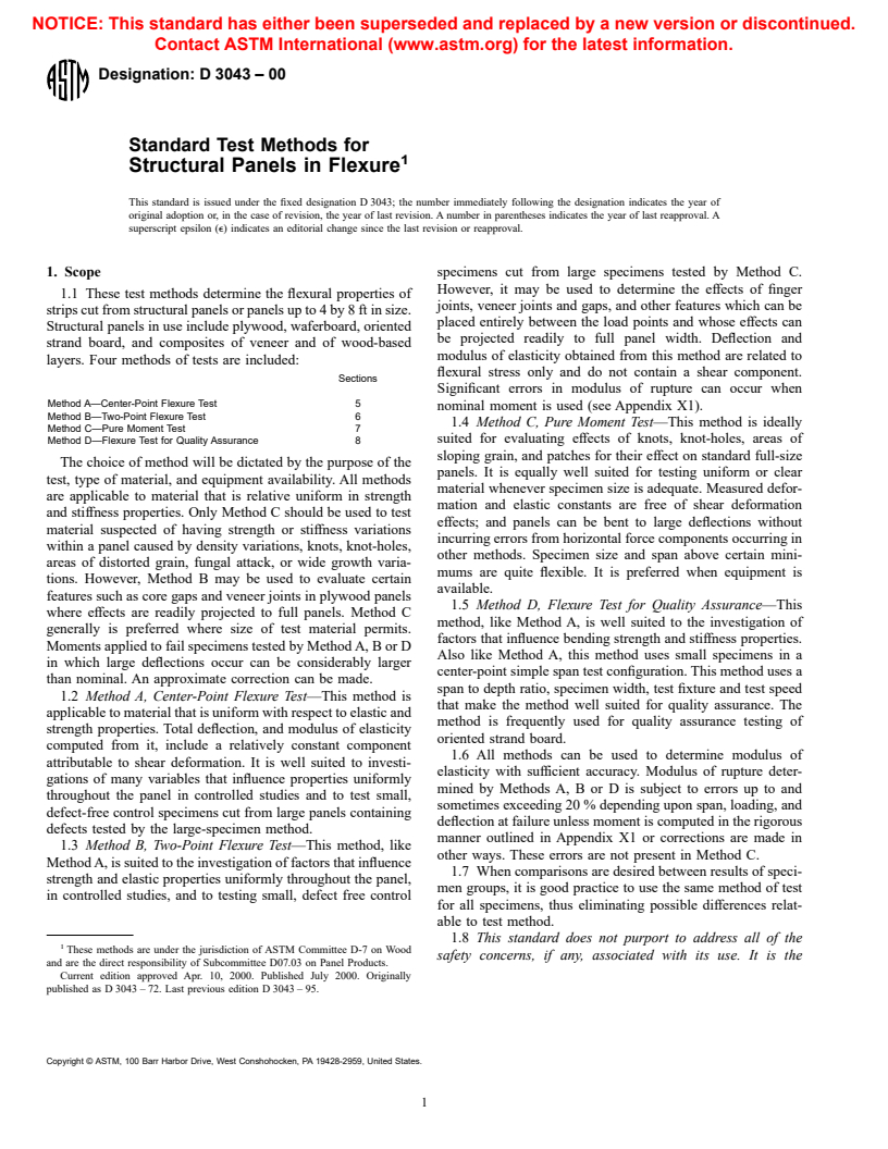 ASTM D3043-00 - Standard Test Methods for Testing Structural Panels in Flexure