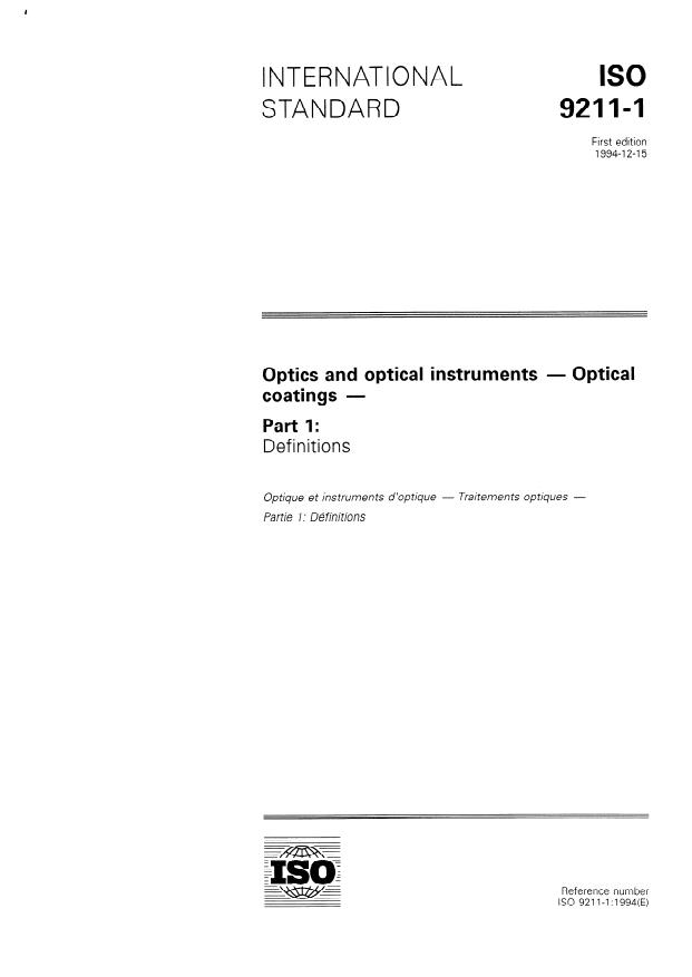 ISO 9211-1:1994 - Optics and optical instruments -- Optical coatings