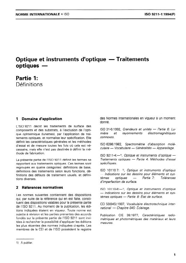 ISO 9211-1:1994 - Optique et instruments d'optique -- Traitements optiques