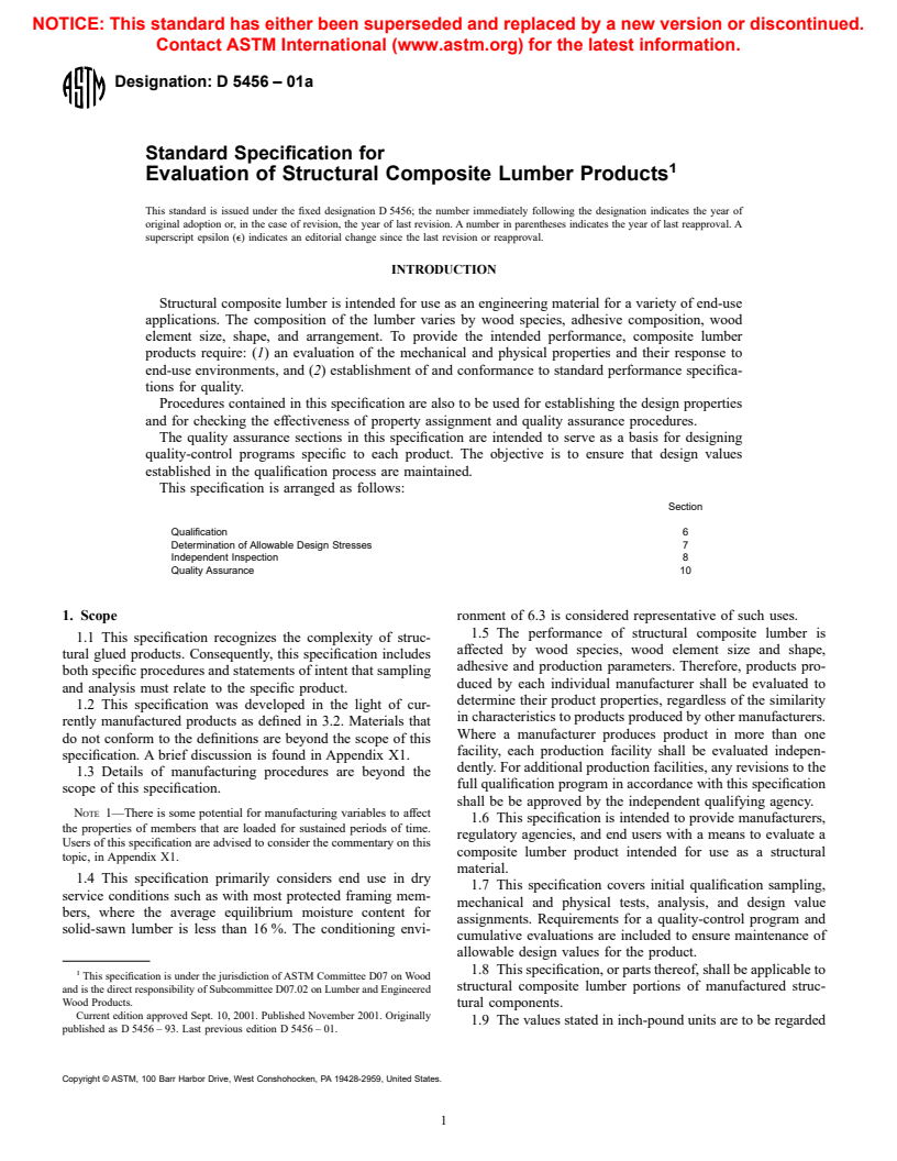 ASTM D5456-01a - Standard Specification for Evaluation of Structural Composite Lumber Products