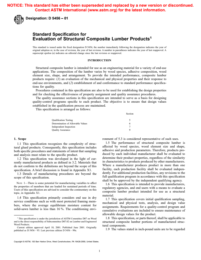 ASTM D5456-01 - Standard Specification for Evaluation of Structural Composite Lumber Products