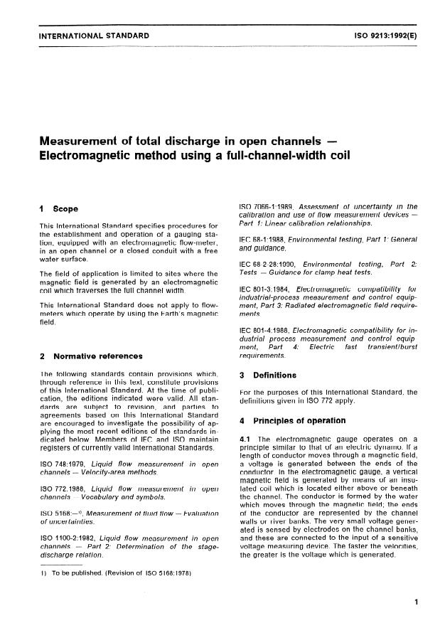 ISO 9213:1992 - Measurement of total discharge in open channels -- Electromagnetic method using a full-channel-width coil