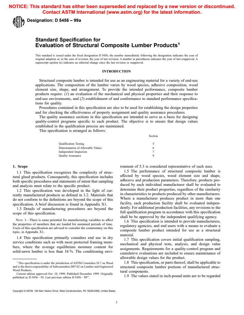 ASTM D5456-99a - Standard Specification for Evaluation of Structural Composite Lumber Products