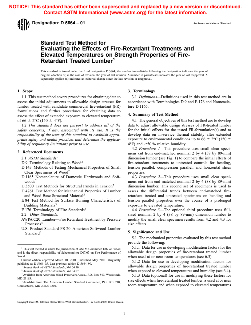 ASTM D5664-01 - Standard Test Method for Evaluating the Effects of Fire-Retardant Treatments and Elevated Temperatures on Strength Properties of Fire-Retardant Treated Lumber