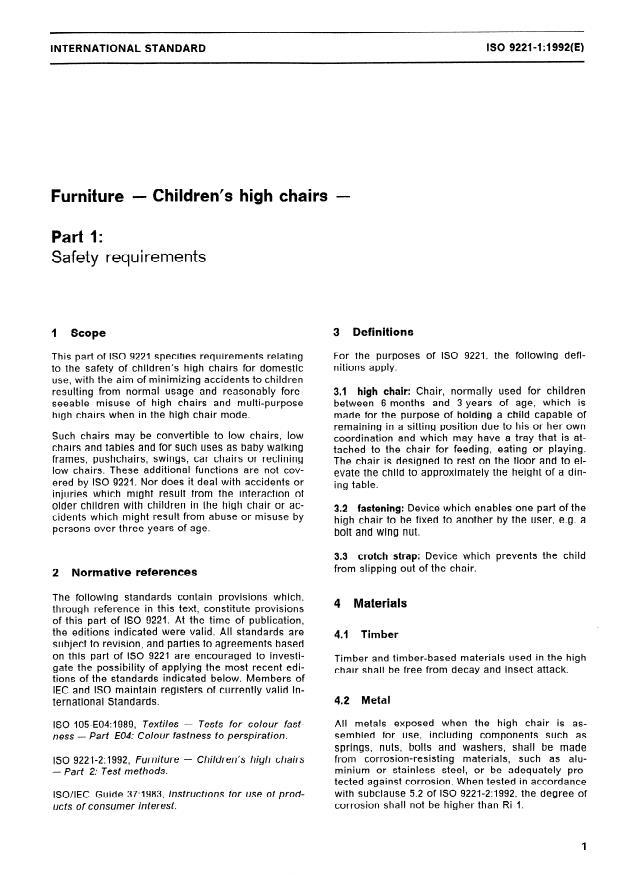 ISO 9221-1:1992 - Furniture -- Children's high chairs