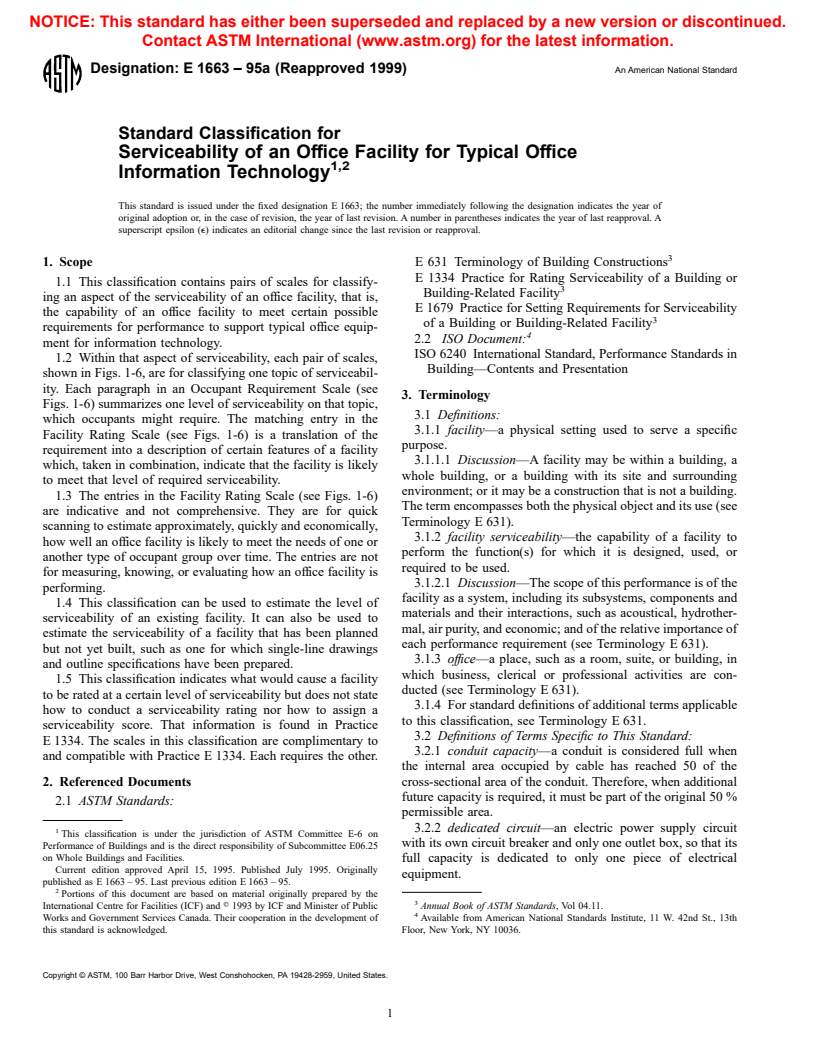 ASTM E1663-95a(1999) - Standard Classification for Serviceability of an Office Facility for Typical Office Information Technology