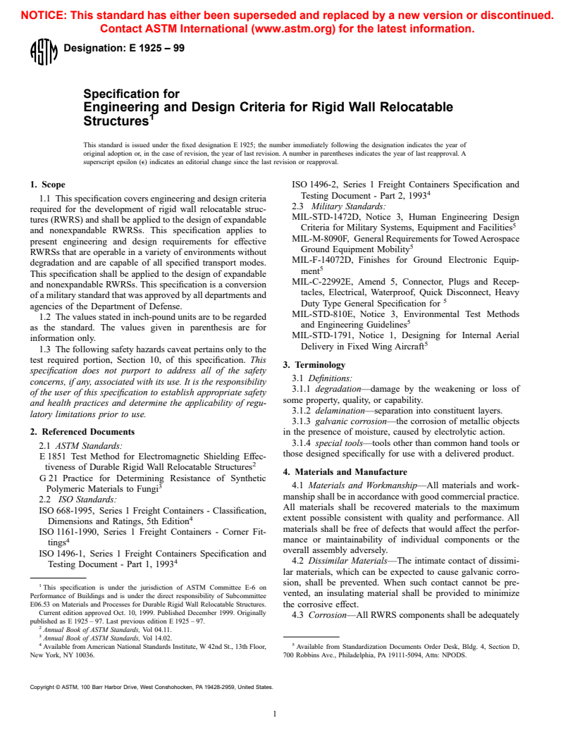 ASTM E1925-99 - Specifiction for Engineering and Design Criteria for Rigid Wall Relocatable Structures