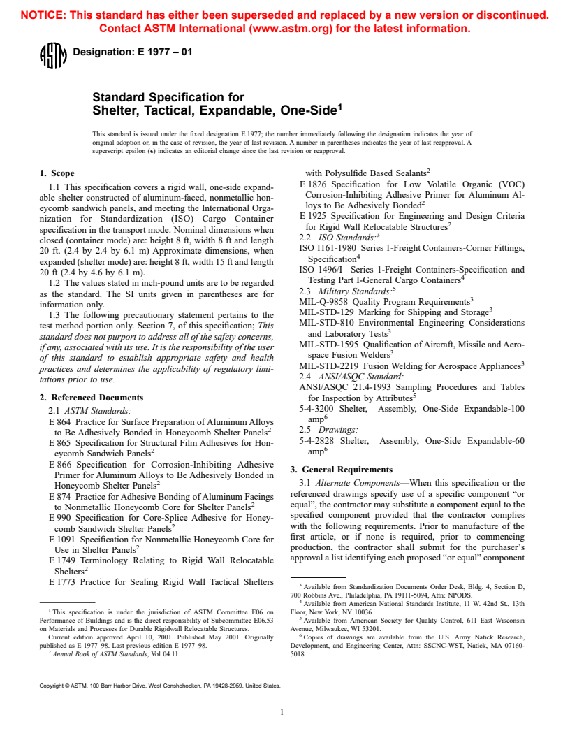 ASTM E1977-01 - Standard Specification for Shelter, Tactical, Expandable, One-Side