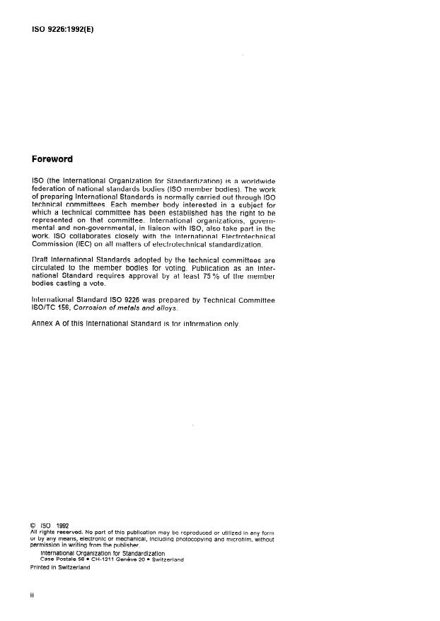 ISO 9226:1992 ISO 9226:1992 - Corrosion of metals and alloys -- Corrosivity of atmospheres -- Determination of corrosion rate of standard specimens for the evaluation of corrosivity - Page 2 preview