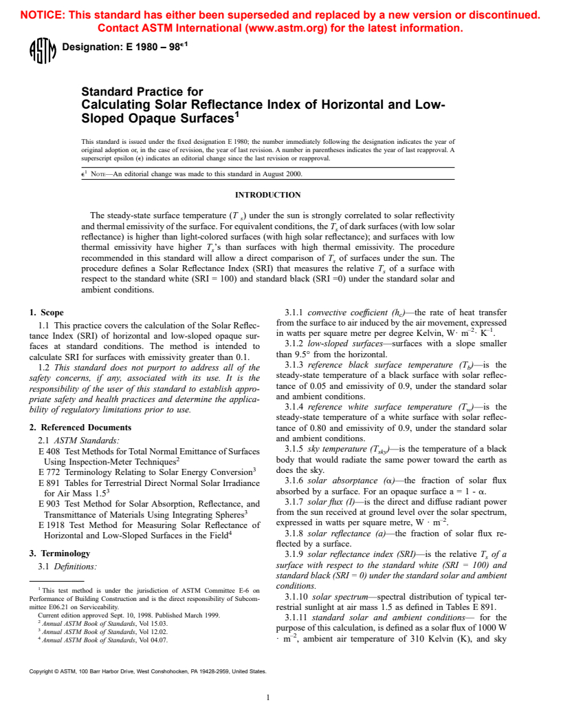 ASTM E1980-98e1 - Standard Practice for Calculating Solar Reflectance Index of Horizontal and Low-Sloped Opaque Surfaces