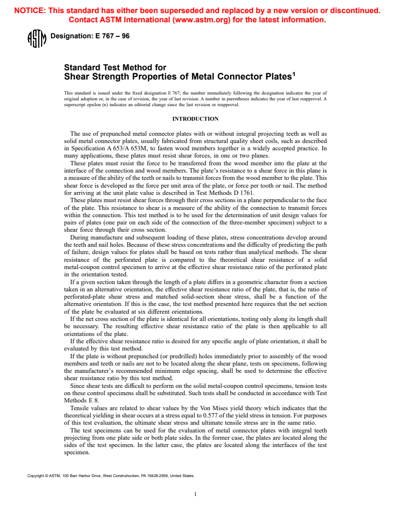 ASTM E767-96 - Standard Test Method for Shear Strength Properties of Metal Connector Plates