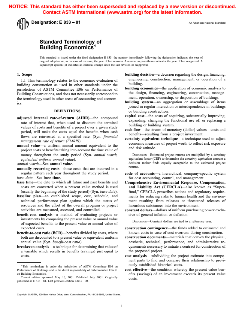 ASTM E833-01 - Standard Terminology of Building Economics
