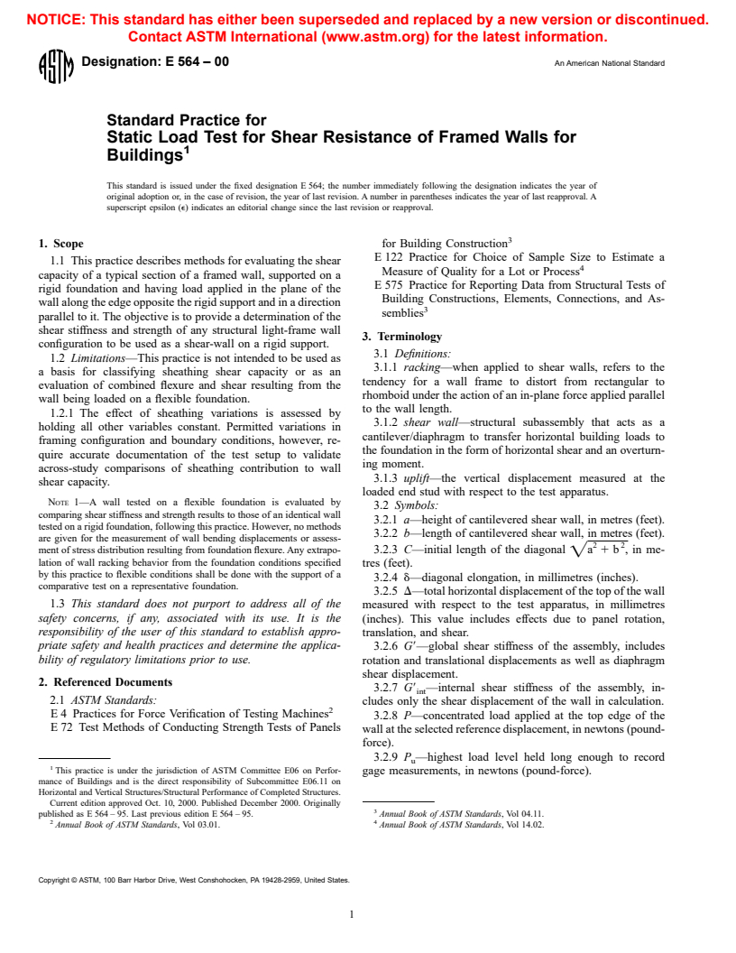 ASTM E564-00 - Standard Practice for Static Load Test for Shear Resistance of Framed Walls for Buildings