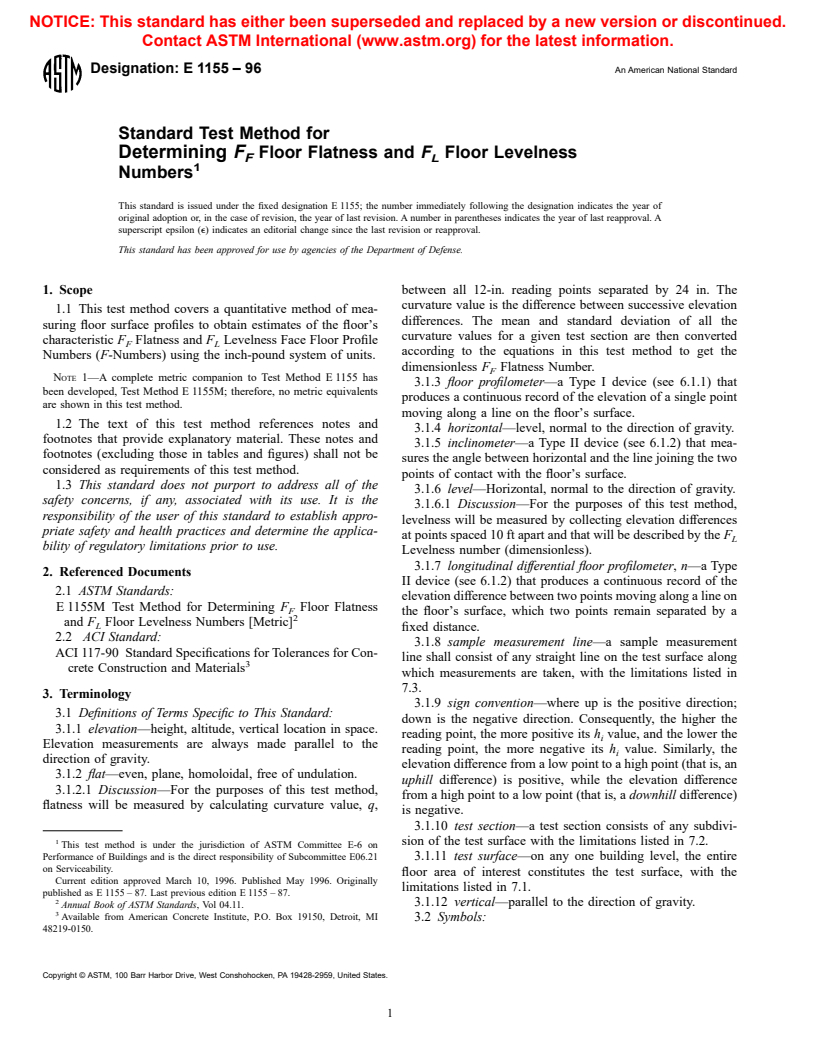 ASTM E1155-96 - Standard Test Method for Determining <i>F<sub>F</sub></i> Floor Flatness and <i>F<sub>L</sub></i> Floor Levelness Numbers