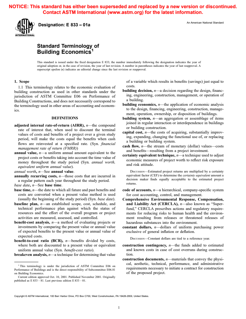 ASTM E833-01a - Standard Terminology of Building Economics